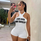 Women Clothing Autumn Sexy Letter Graphic Screen Printed Sleeveless Vest Slim Fit Short Romper