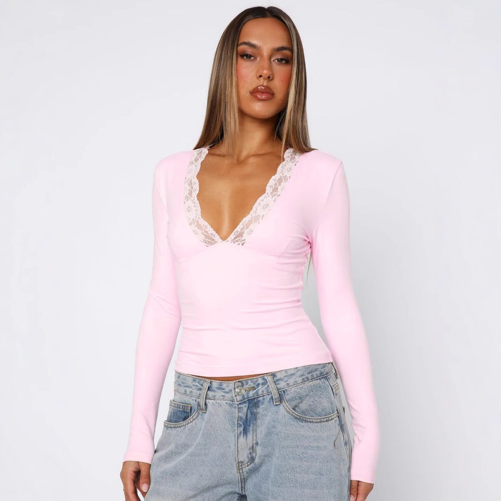 Women Clothing Summer Sexy Solid Color V neck Lace Long