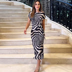 Short Sleeve Lace-Up Side Slit Zebra Pattern Slim Maxi Dress