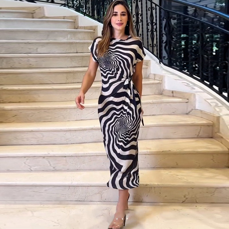 Short Sleeve Lace-Up Side Slit Zebra Pattern Slim Maxi Dress