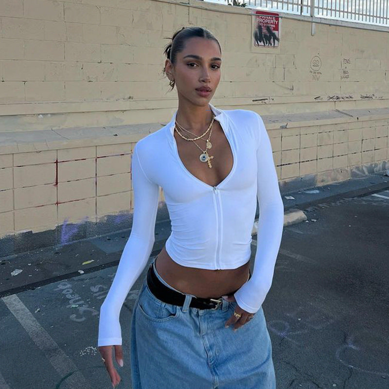 Women's Zipper Stand Collar Long Sleeve Crop Top