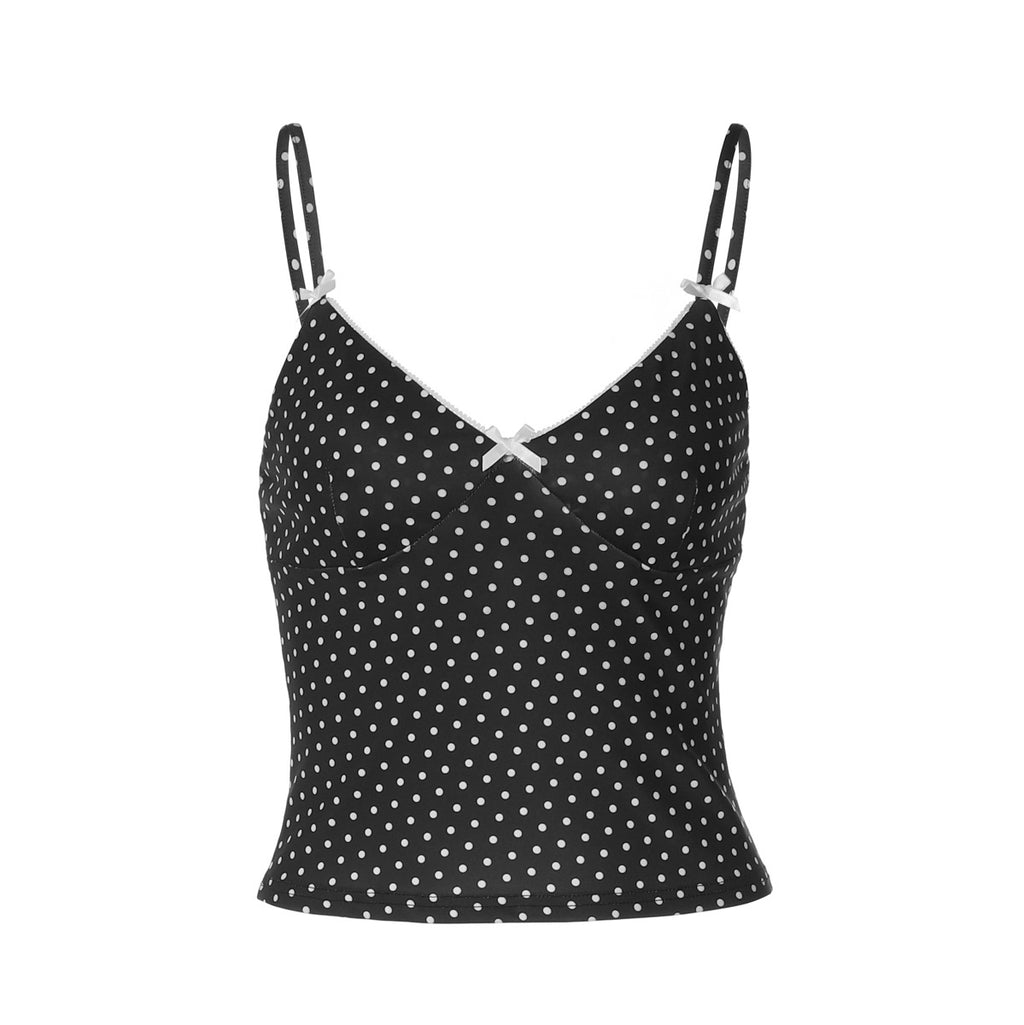 Women's Polka Dot Brace Summer Sexy Deep V Plunge Bow Sleeveless Slim Fit Top