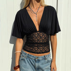 Spring Summer Elegant Slim Deep V Plunge Batwing Sleeve