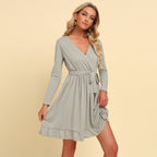 Women's Spring Autumn Slim Fit Generous Solid Color V-Neck Lace-Up Long Sleeve Casual Short Dress