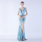 Women's Embellished Ostrich Feather Plus Beaded Long Sequin Evening Dress