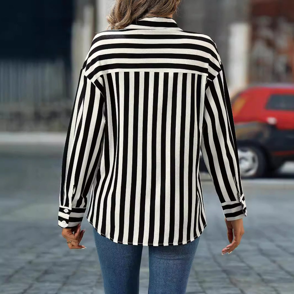Women's Best Seller Striped Collared Can Open Long Sleeve Shirt