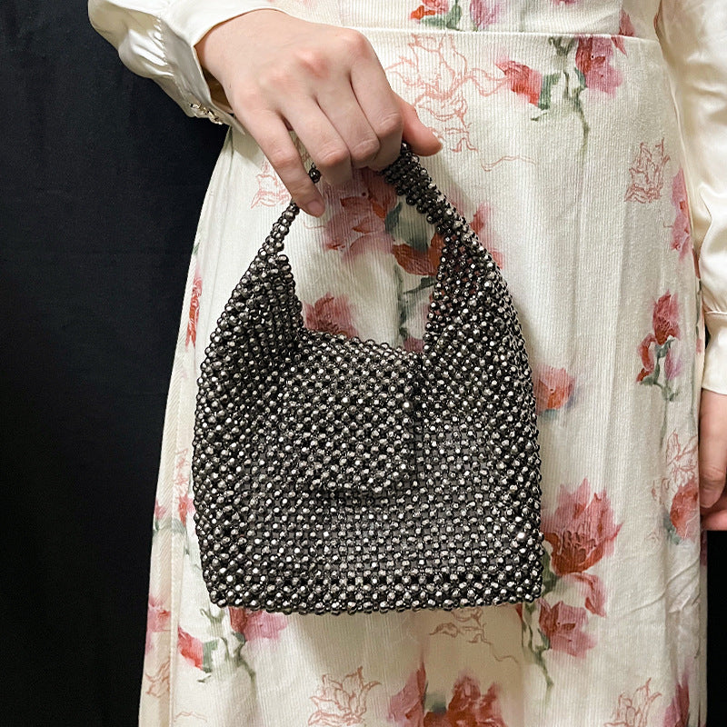Women's Silver Beaded Woven Handbag