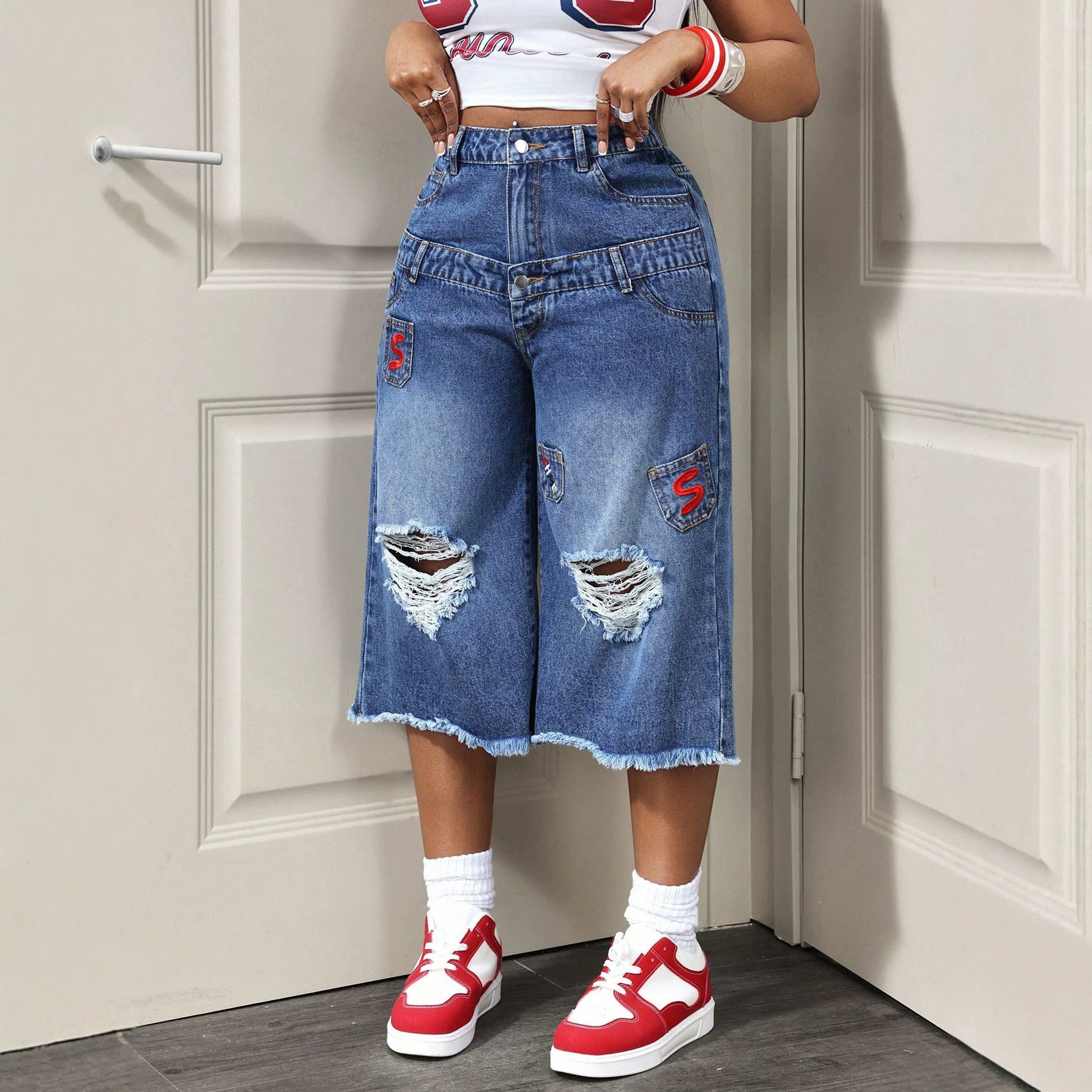 Trend Casual Ripped Frayed Summer Women Jeans Cropped Pants
