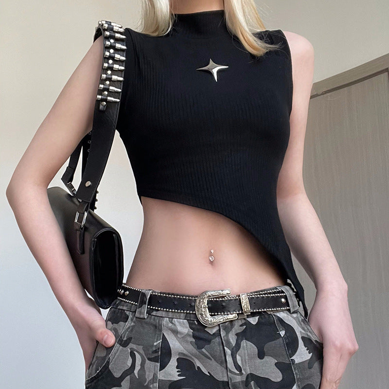 Women's Women’s Black Asymmetric Mock Neck Knit Tank Top