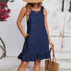 Round-Neck Sleeveless Pleated Denim Mini Dress