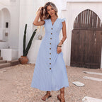 Light blue striped midi dress with V-neck, button front, and short cap sleeves