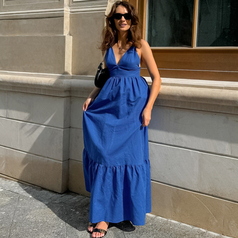 Women's French Vacation Blue Cotton Linen V Neck Strap Dress