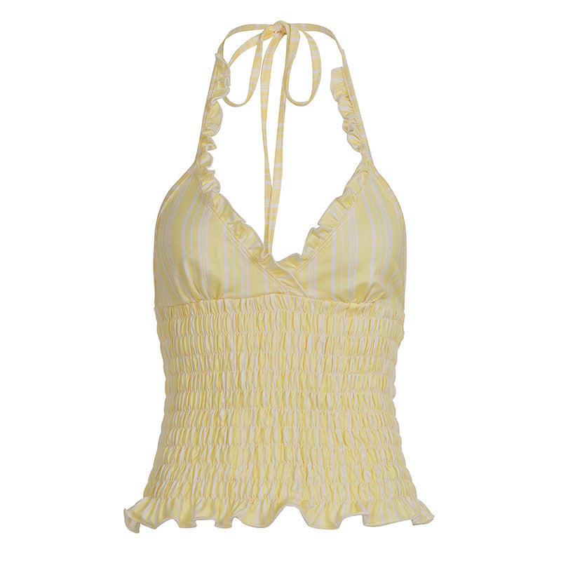 Striped Pleated Smocked Halter Vest
