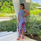Women's Crew-Neck Floral Stripe Ruffle Sleeveless Maxi Dress