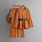 Autumn Winter Knitted Belt Top Loose High-Waisted Wide Leg Pants Two-Piece Set