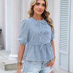 Denim Top round Neck Three Dimensional Bow Puff Short