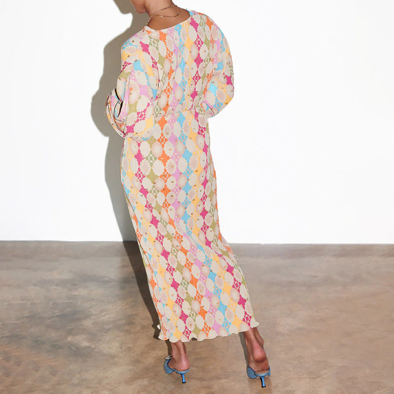 Elegant Printed Mid Length Elegant V-Neck Lantern Half Sleeve Dress