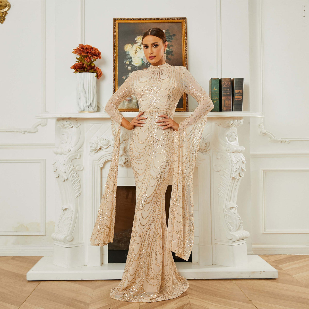 Women's High End Long Sequined Long Sleeve Round Neck Cocktail Dress