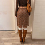 's Autumn Winter Retro Brown Plaid Mesh Stitching Double Layer Design Sheath Mid Skirt