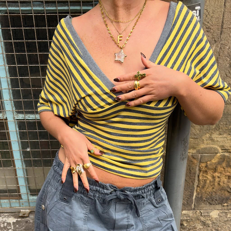 Spring Summer Sexy Fitted Waist Striped Deep V Plunge neck