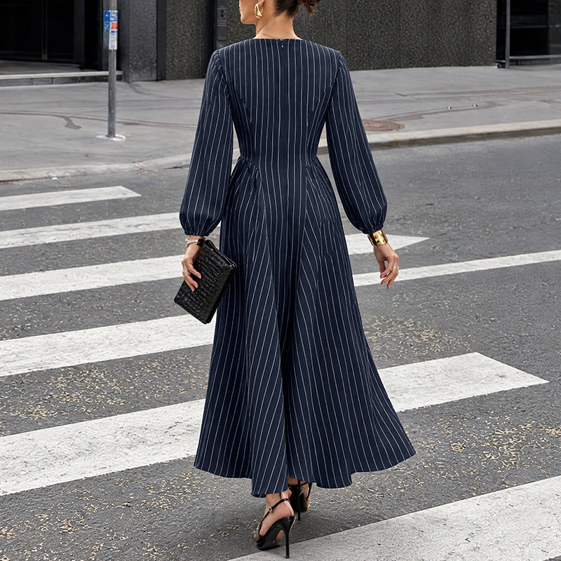 Women's Elegant Round Neck Striped Waist Tight Maxi Dress