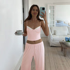 Korean Gentle Pink Splicing Sling Matching Wide Leg Pants Set Summer Comfortable Two Piece Set for Women