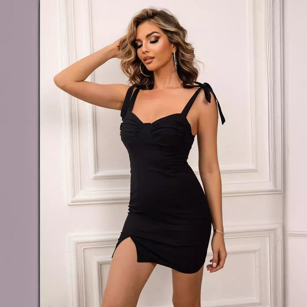 Women's French Retro V-Neck Strap Split Mini Dress