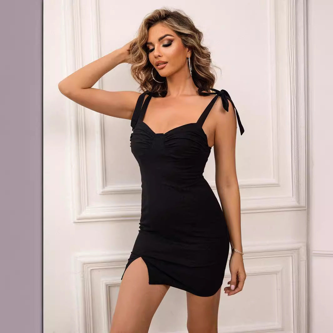 Women's French Retro V-Neck Strap Split Mini Dress