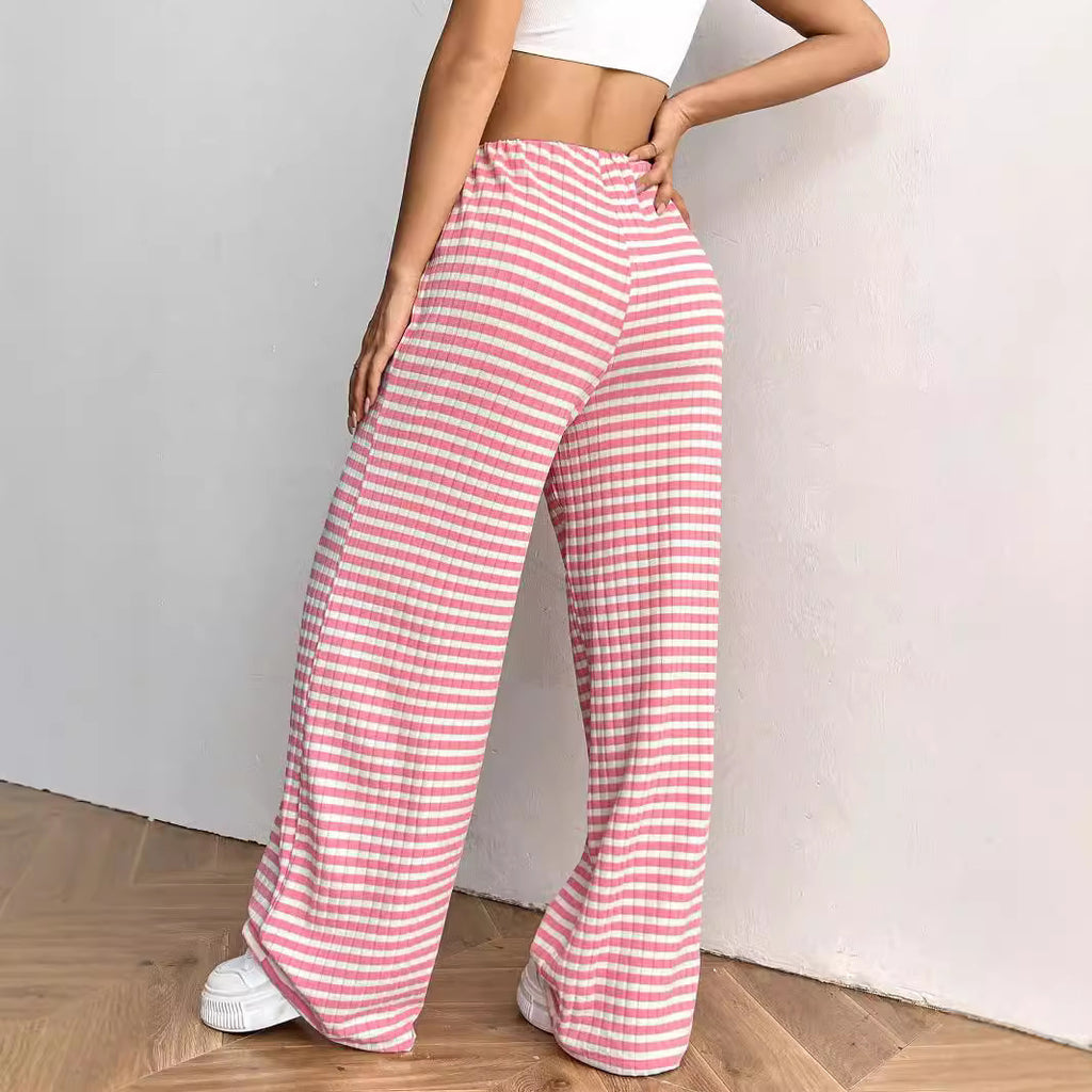Striped Solid Color Rubber Band Drawstring Straight Pants