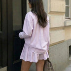 Women Clothing French Striped Shirt Pleated Skirt Set