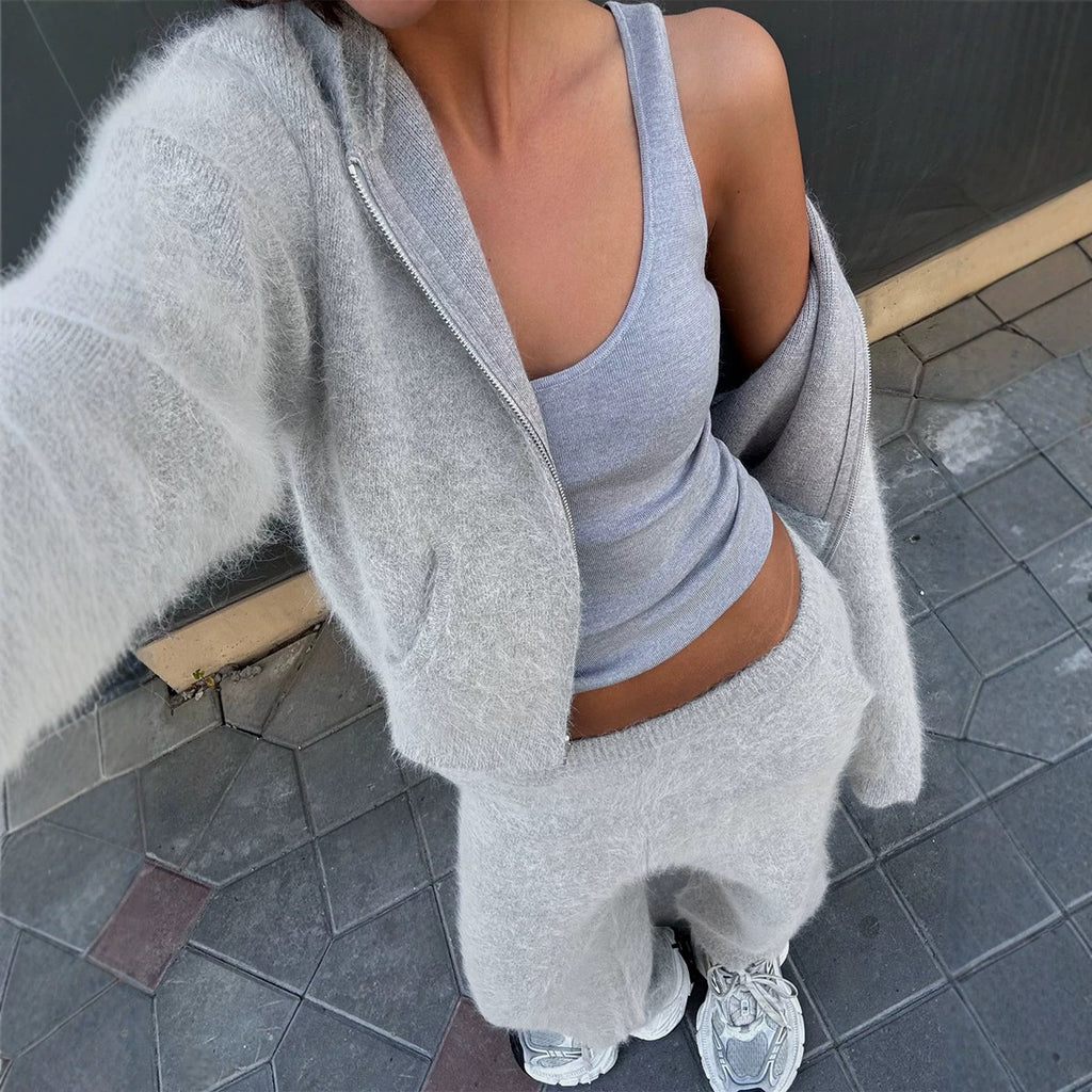 's Autumn Mink-Like Hooded Zipper Sweater Cardigan Double Pocket Trousers Woolen Set