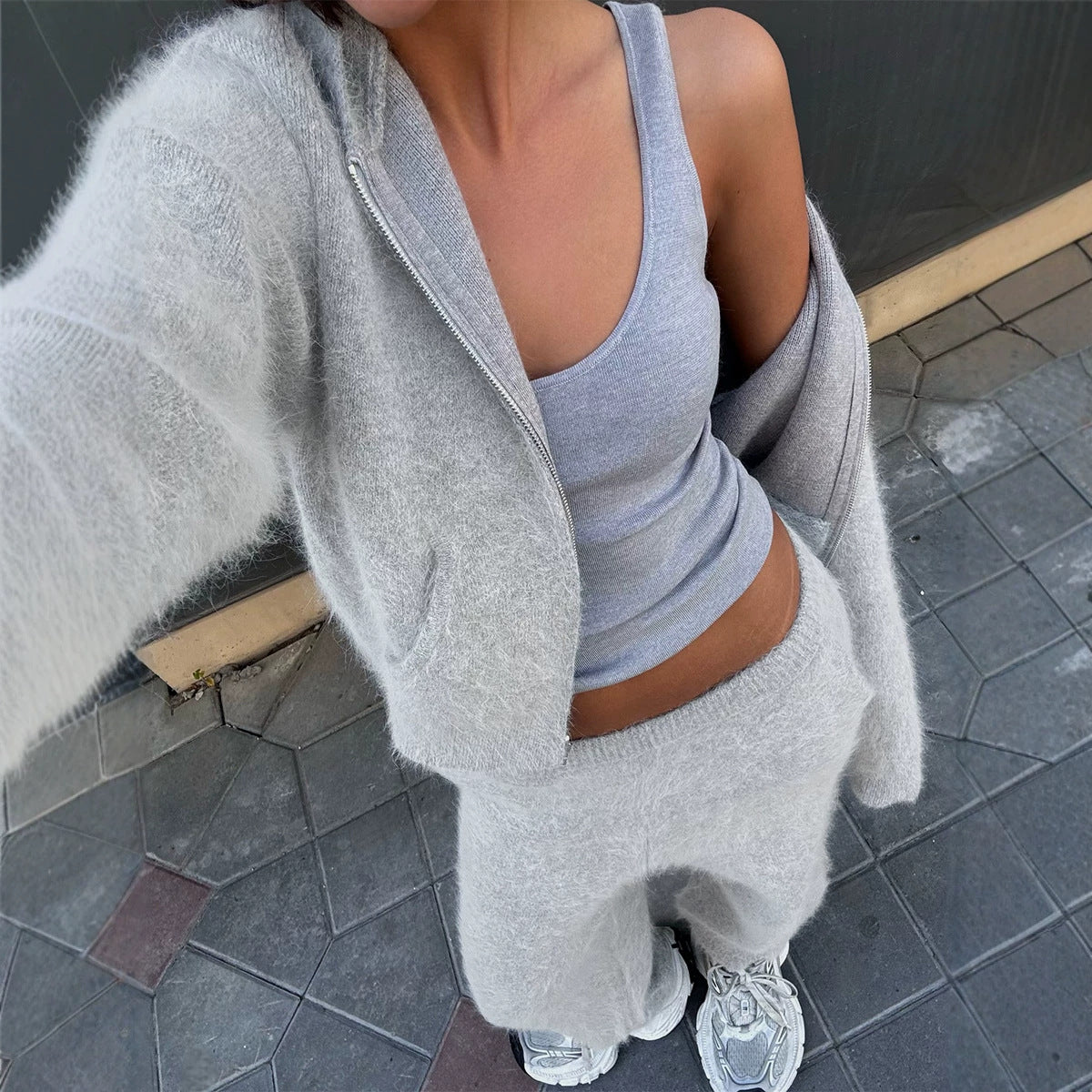 's Autumn Mink-Like Hooded Zipper Sweater Cardigan Double Pocket Trousers Woolen Set