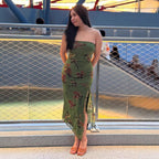 Women's Strapless Floral Lace Asymmetric Split Bodycon Midi Dress