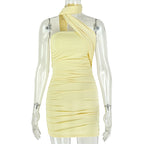 Yellow halter mini dress with draped neckline and ruched detailing