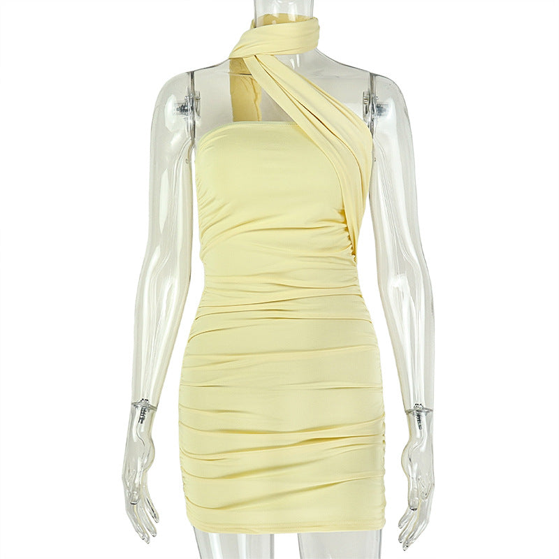 Yellow halter mini dress with draped neckline and ruched detailing