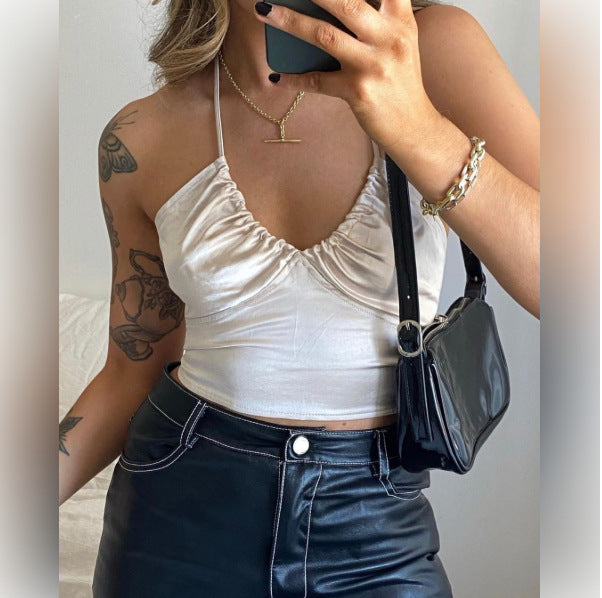 Solid Color Halter Lace Up Backless Small Sling Top