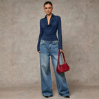 Women's Collared Pleated-Waist Long Sleeve Top