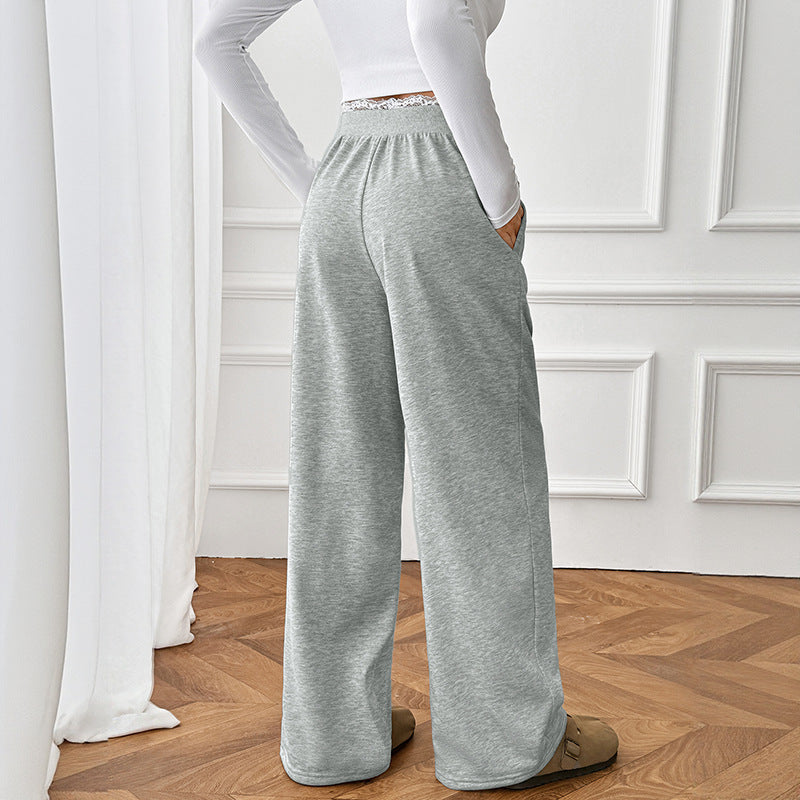 Autumn Winter Simple Loose Lace Stitching Wide Leg Sweatpants for Women