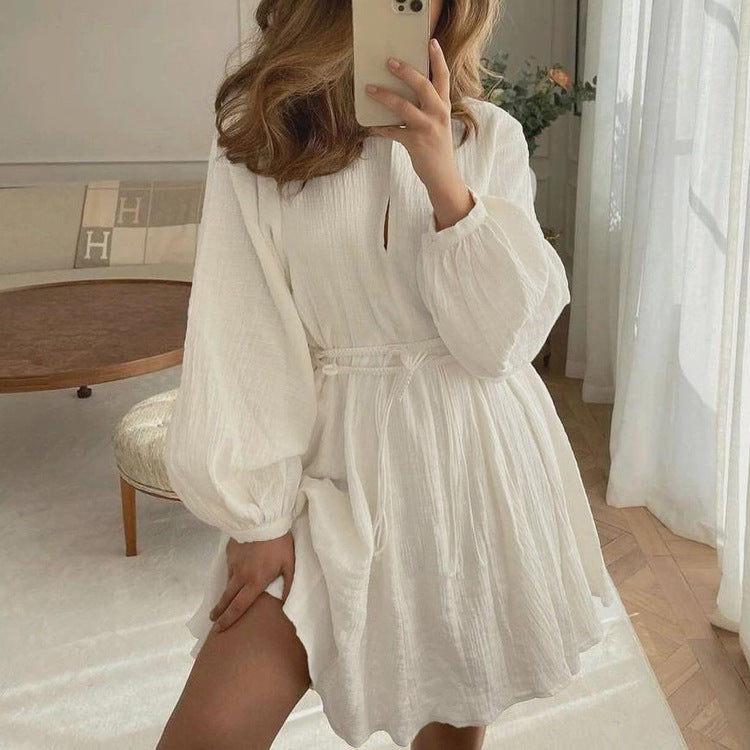 Cotton Breathable Chambray White A Line Round Neck Long Sleeve