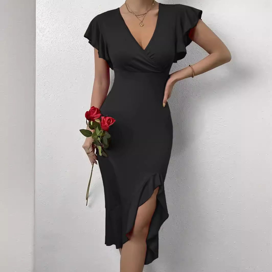 Women's Ruched Ruffle Split Bodycon Dress