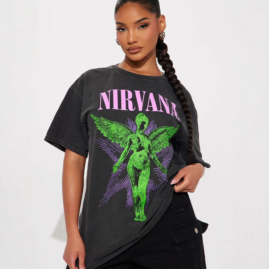 Women's Trendy Street Printed Loose Casual Contrast Color V Neck Short-Sleeved Top T Shirt Women