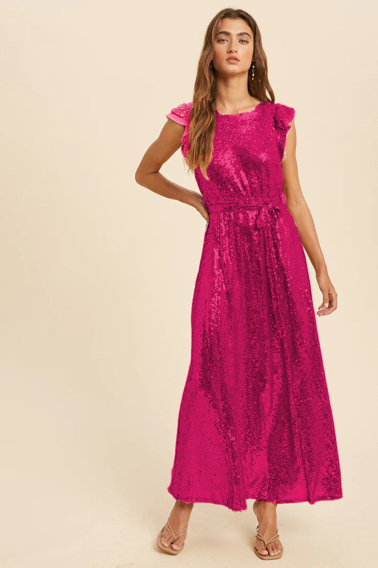 Women's Sequin Dress Sleeveless Belt Round Neck Midi Party Cocktail