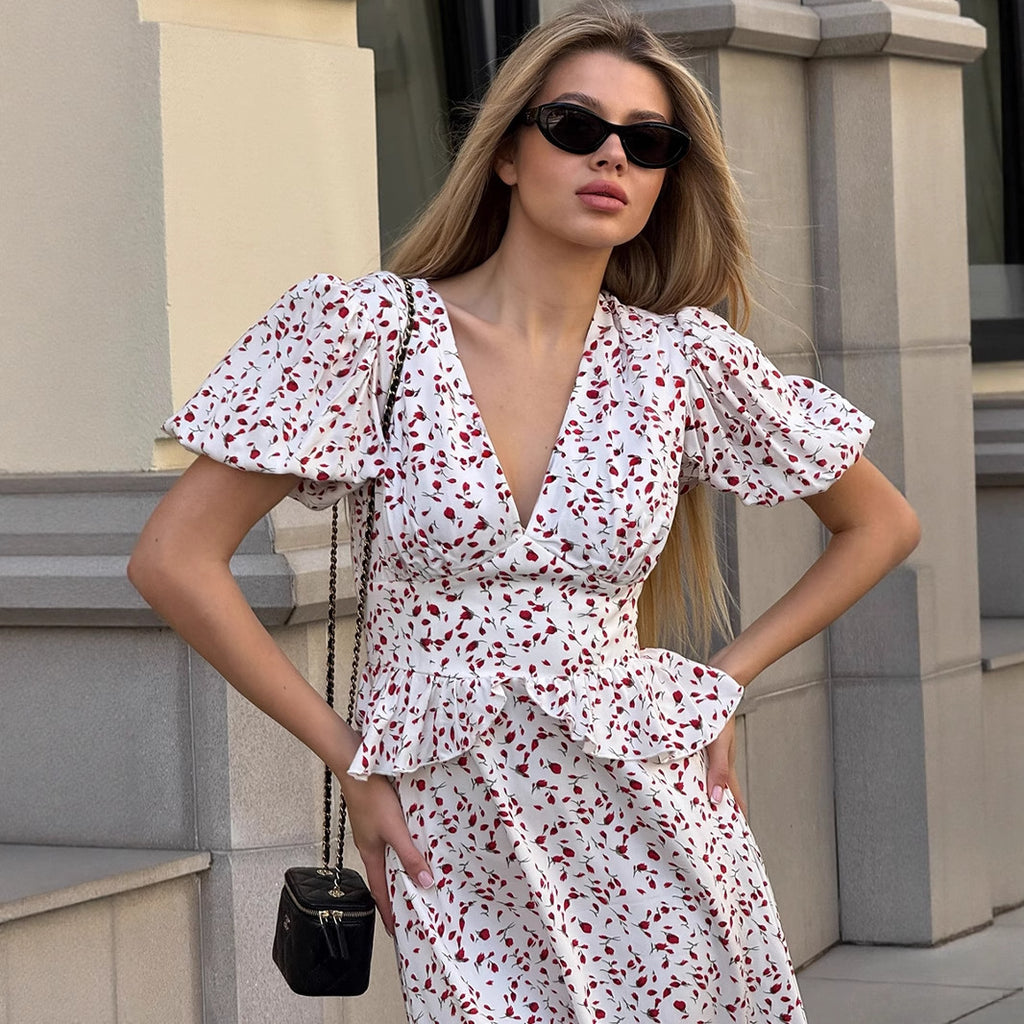 Floral V-Neck Summer Printed Maxi Puff Sleeve Dress