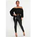 Women's Boat Collar Sequined Lantern Long Sleeve Top