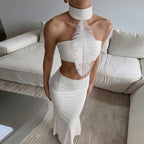 Summer Women Irregular Asymmetric Turtleneck Patchwork Feather Tube Top Sexy Sheath Skirt Sets