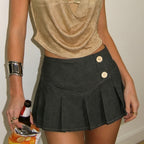 Retro Button Pleated Skirt Women Sexy Casual Street Low