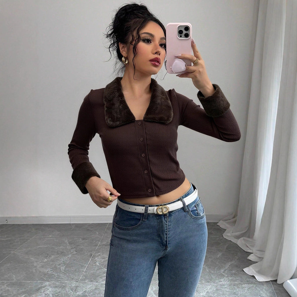 Women's Faux Fur Collar Button Front Top