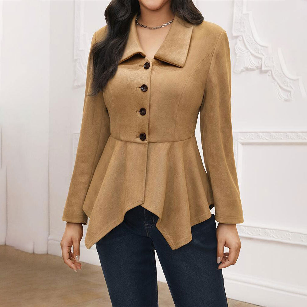 Elegant Office Collared Irregular Asym Open Placket Suede