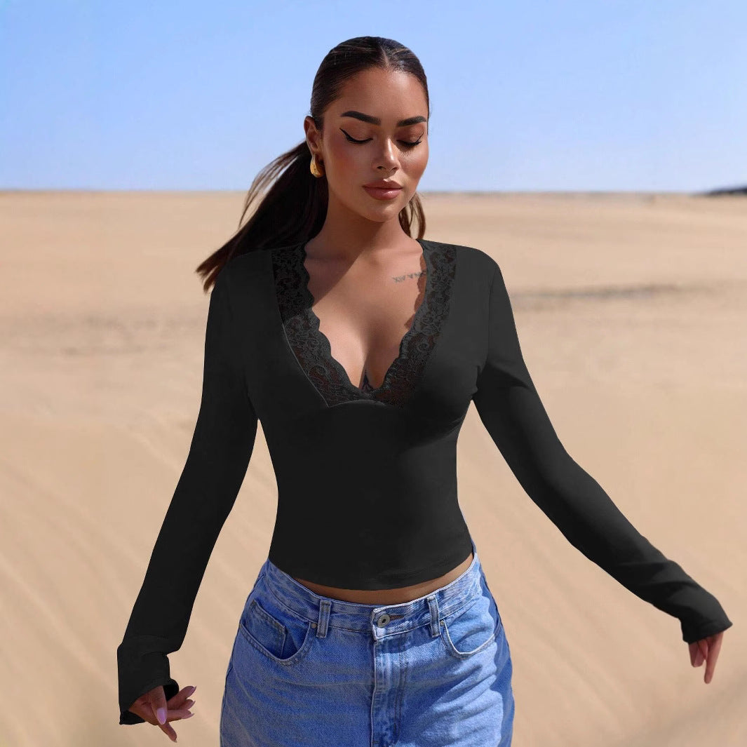 Women’s White Lace Patchwork V Neck Long Sleeve Top