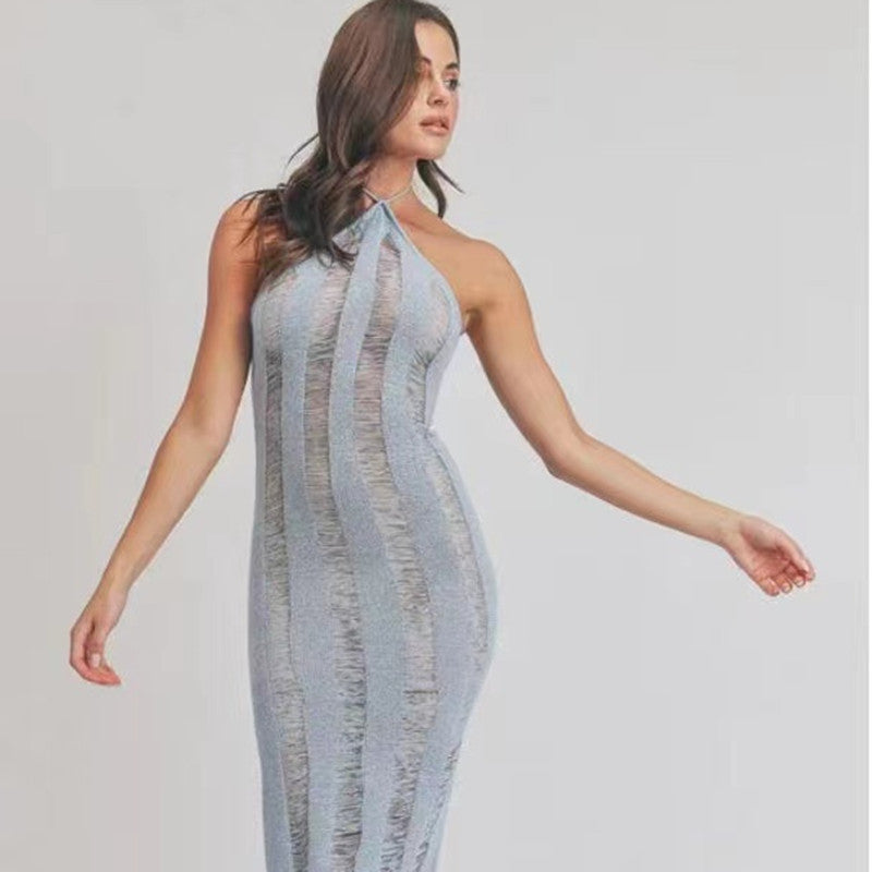 Sleeveless See Through Halter Cut Out Maxi Knitted Sling Dress